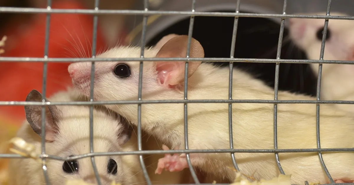 Two pale mice in a metal cage peering through the bars