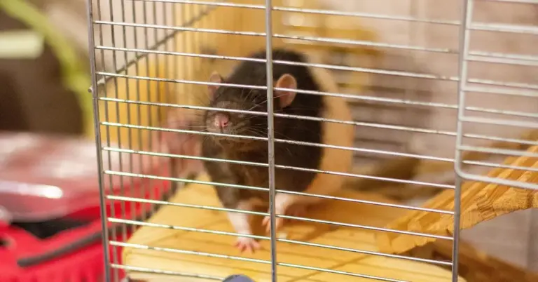 A pet rat inside a metal wire cage with a wooden shelf.