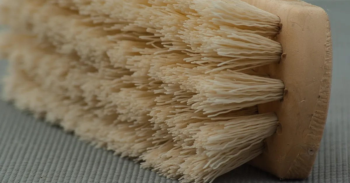Close-up of a beige dense-bristle scrub brush resting on a gray textured surface.