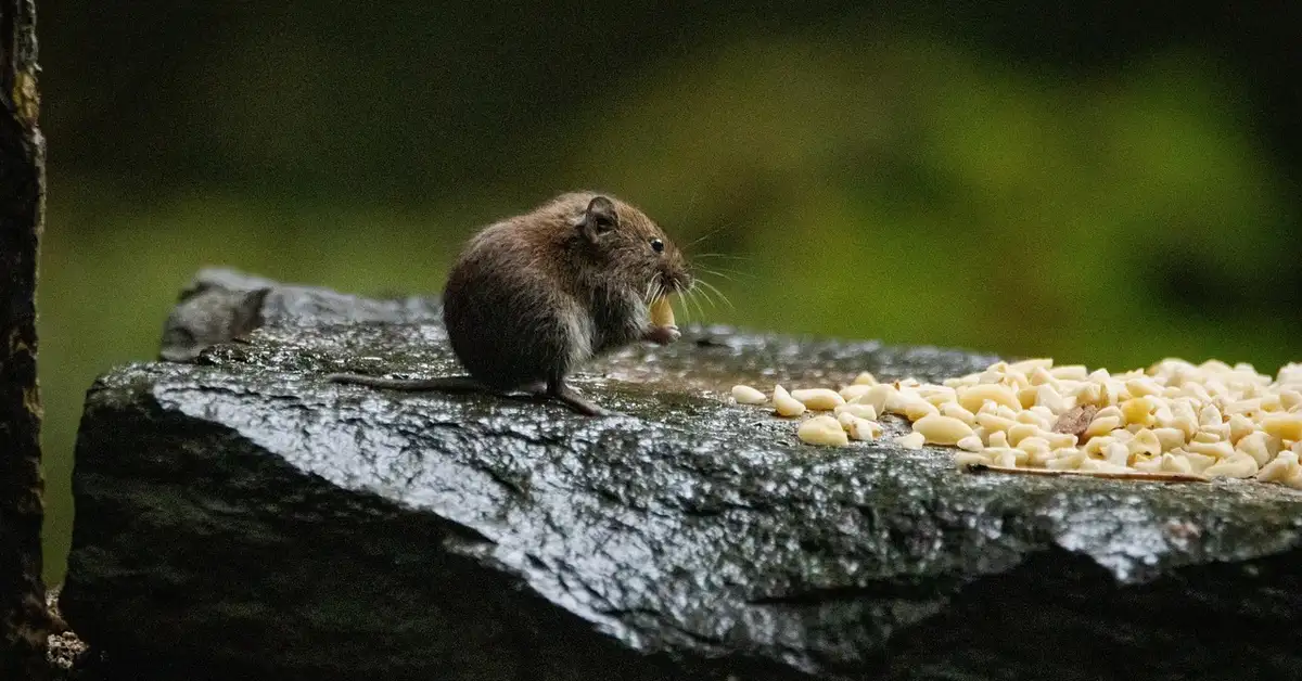 A small brown mouse sits on a wet rock beside a pile of peanuts.