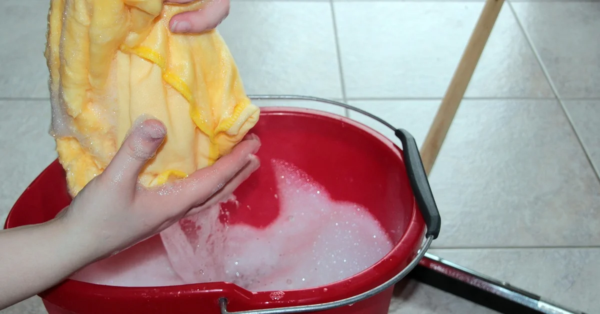 Hands wringing a yellow cloth over a soapy red bucket as part of cage cleaning.