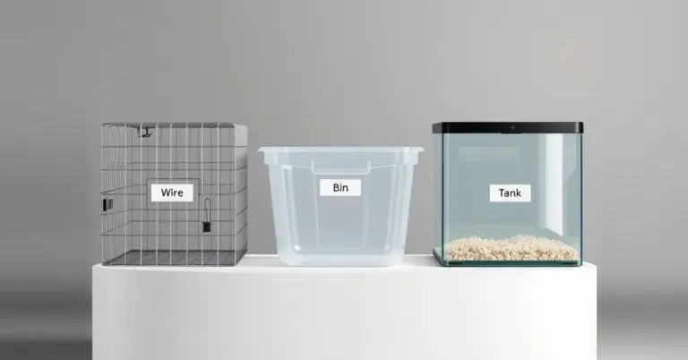 Comparison of wire, bin, and tank enclosures for animals.