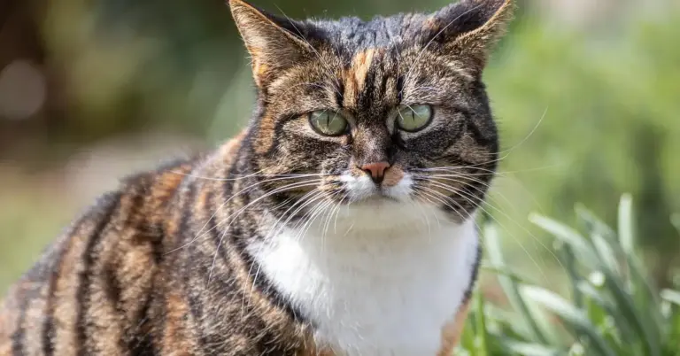Close-up of a calico cat with green eyes outdoors.