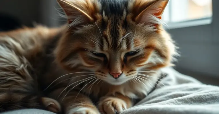 A cat exhibiting ruffled fur and hunched posture, indicating potential health issues.
