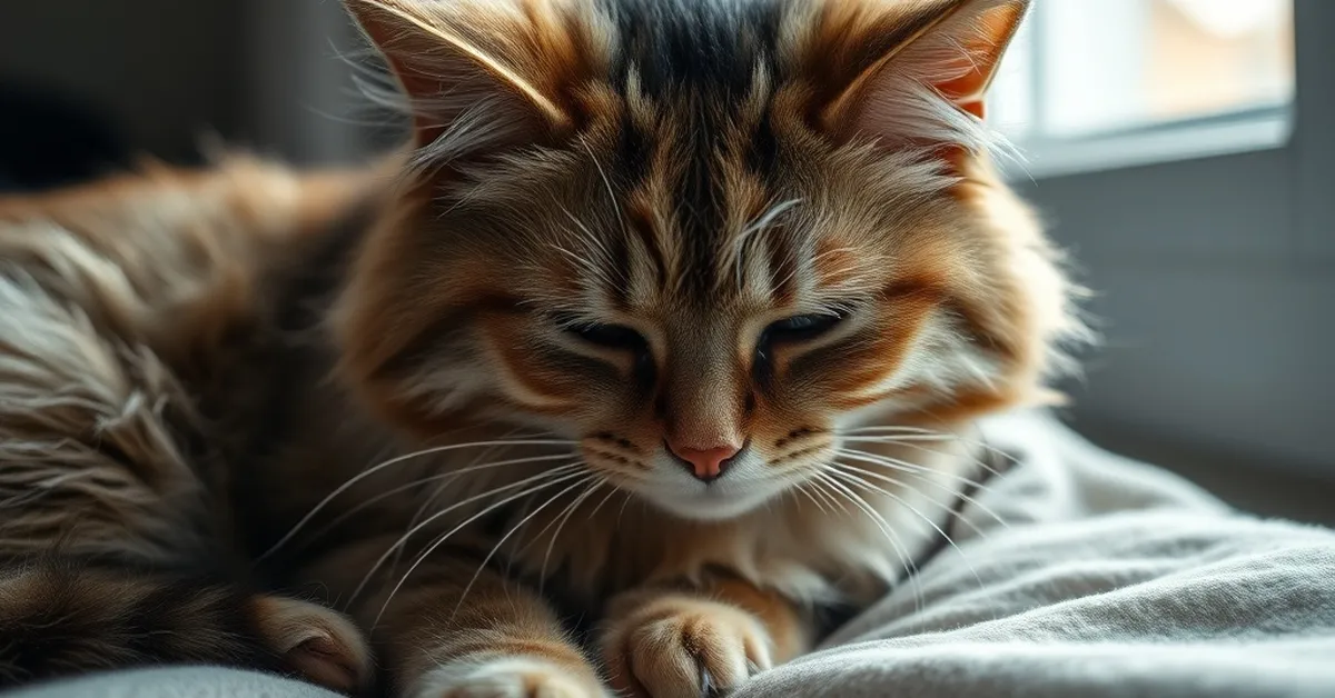 A cat exhibiting ruffled fur and hunched posture, indicating potential health issues.