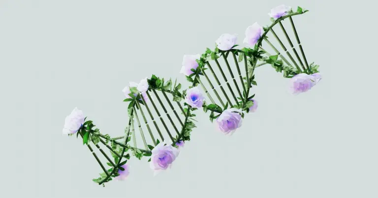 Illustration of a DNA helix intertwined with flowers, representing genetics.