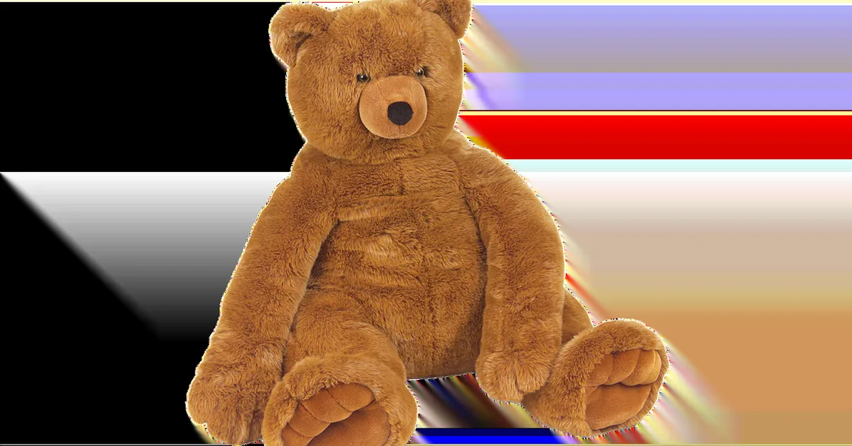 A plush brown teddy bear sitting against a distorted, glitchy background with horizontal color bands