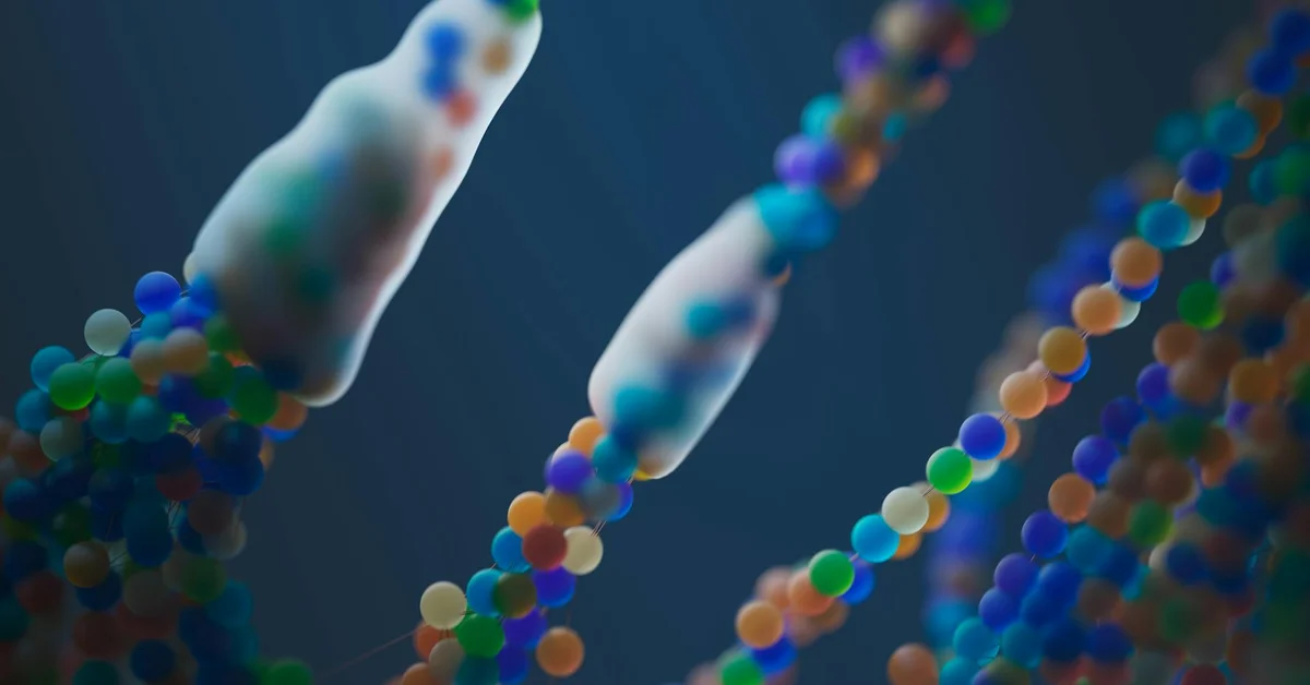 Abstract representation of DNA strands with colorful nucleotide bases
