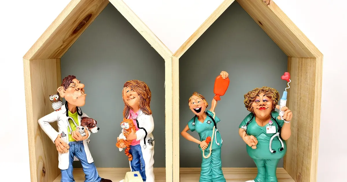 Clay figurines of doctors and nurses with animals inside wooden house-shaped shelves, conveying care and preparation in a medical setting.