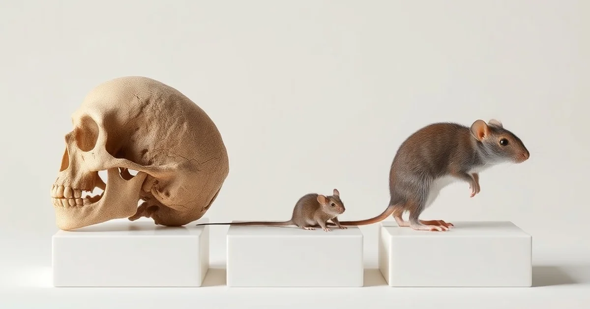 A series of models depicting the evolutionary progression from a skull to smaller mouse forms.