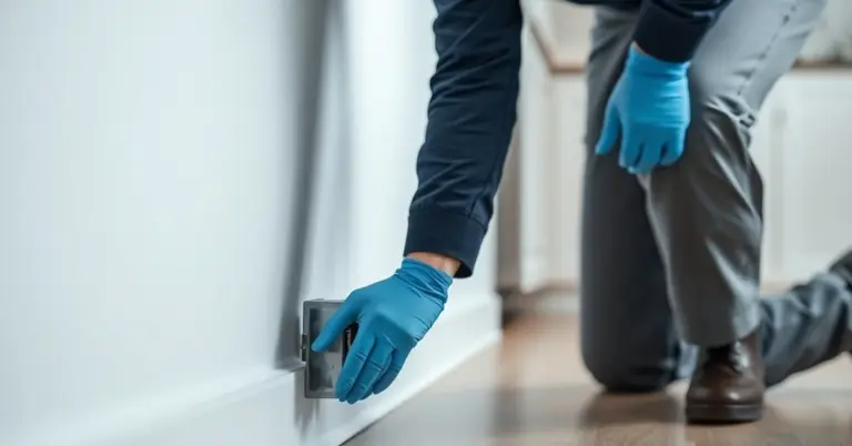 An exterminator in blue gloves kneeling and setting a mouse trap along the wall.