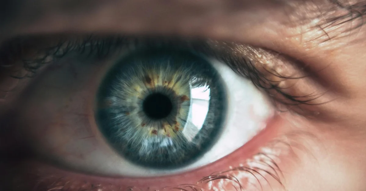 Close-up of a human eye with a blue-green iris and visible eyelashes.