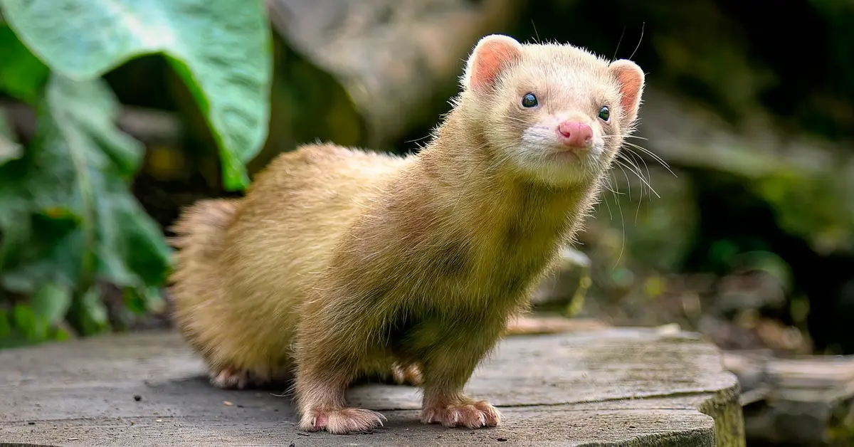 Light-colored ferret standing on a wooden surface outdoors, looking toward the camera with pink nose and whiskers.