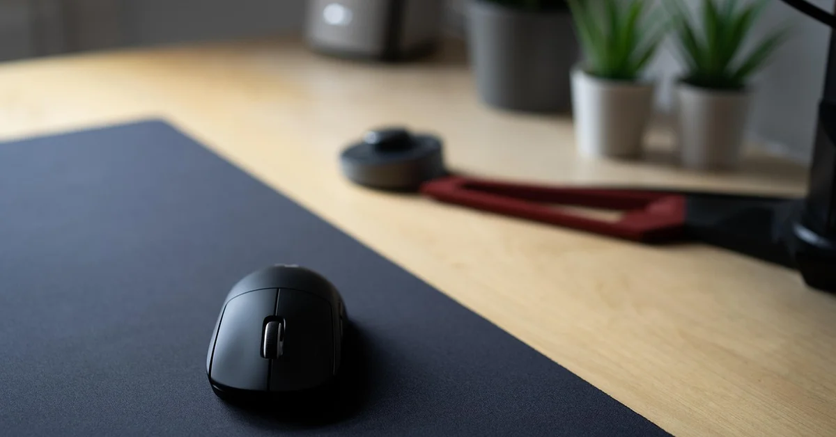 Black wireless computer mouse on a dark desk mat with a blurred desk setup in the background