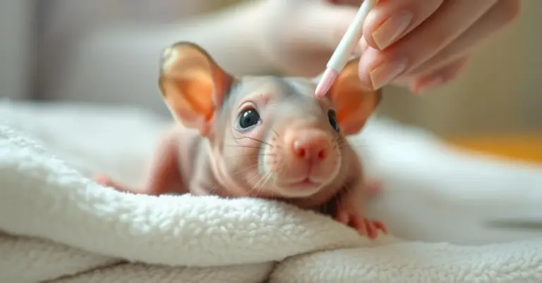 A hairless mouse receiving skin moisturizing treatment.