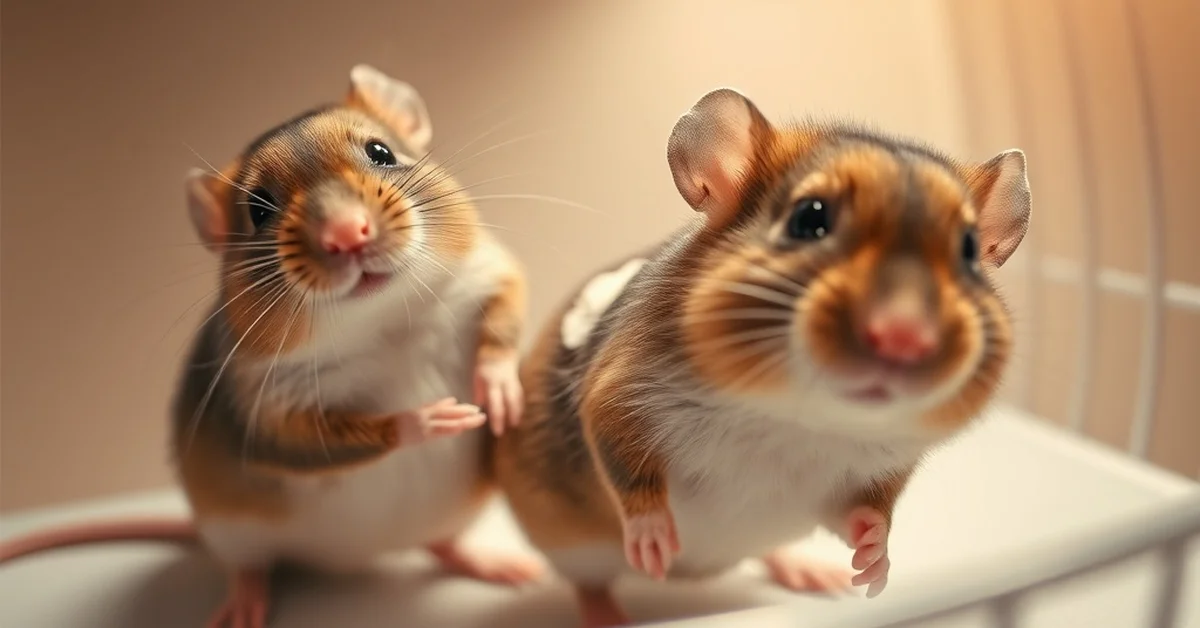 Two hamsters interacting, showcasing social behavior.