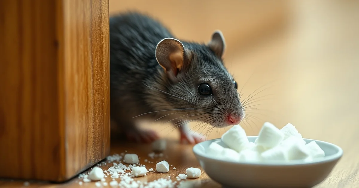 Close-up of a small mouse sniffing a bowl of marshmallows on a wooden surface.