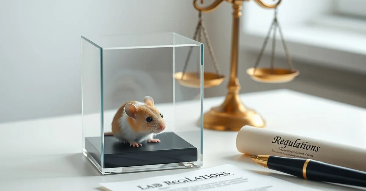 A laboratory mouse in a glass enclosure with scales representing legal regulations in the background.