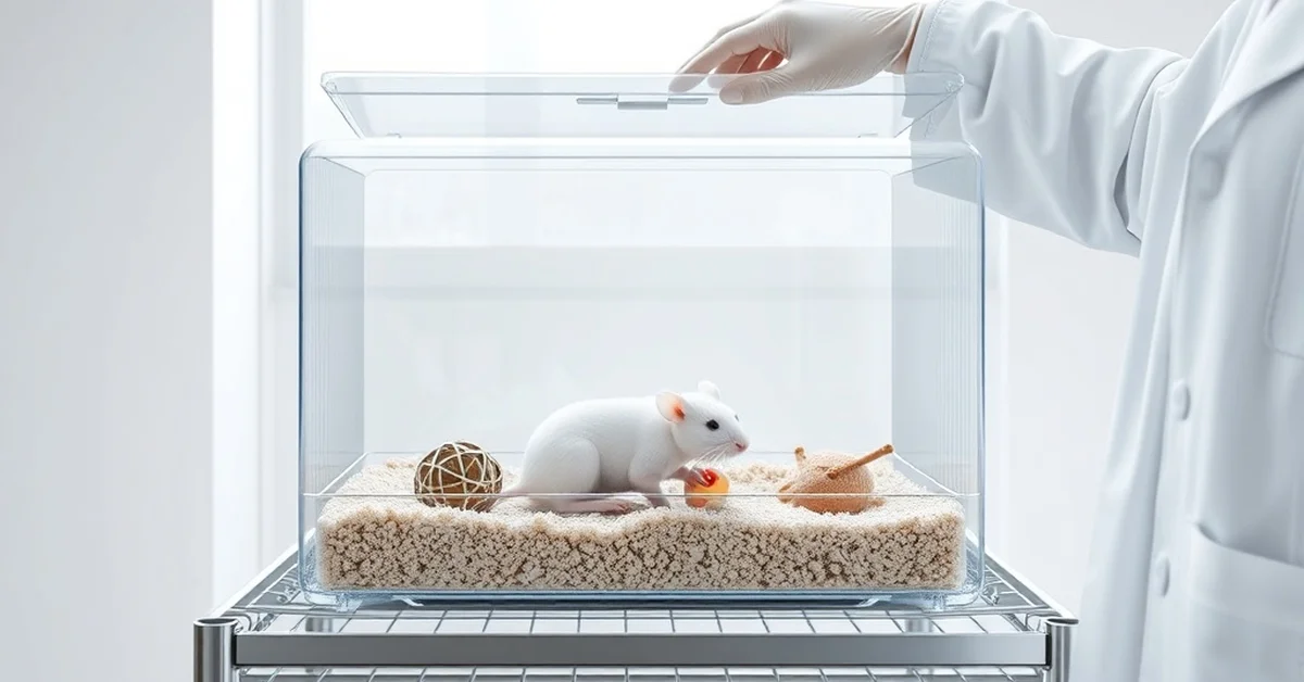 A white laboratory rat in a transparent enclosure with enrichment toys.
