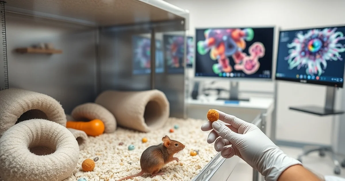 A laboratory mouse in a cage with enrichment and a researcher offering food.