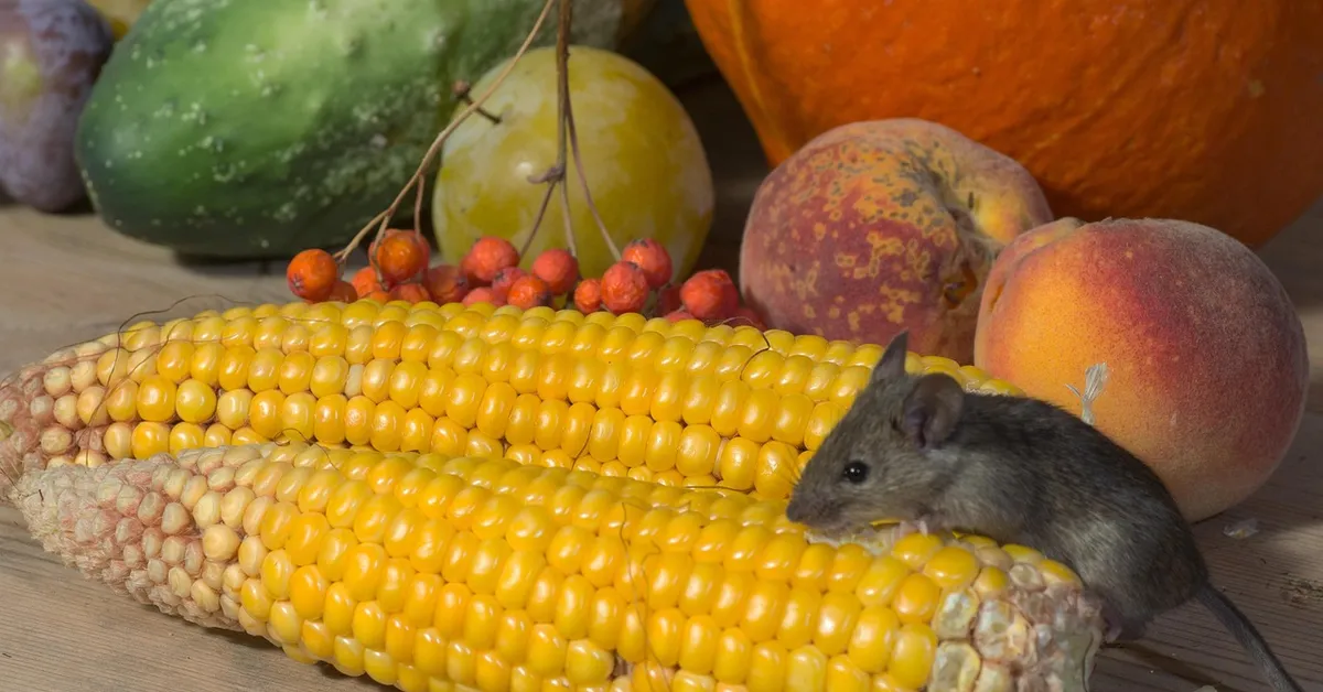 A small gray mouse perched on a bright yellow corn cob with assorted fruit and pumpkins in the background.