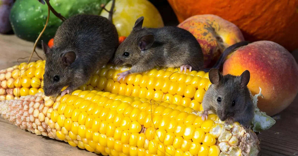 Three small gray-brown mice perched on a bright yellow corn cob with fruit in the background.