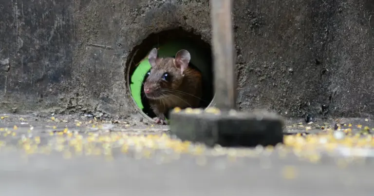 A curious mouse peeks out from a circular hole in a concrete wall near a grill leg.