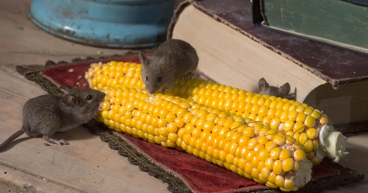 Two mice nibbling corn on a wooden surface with boat equipment nearby, illustrating rodent activity in a storage area