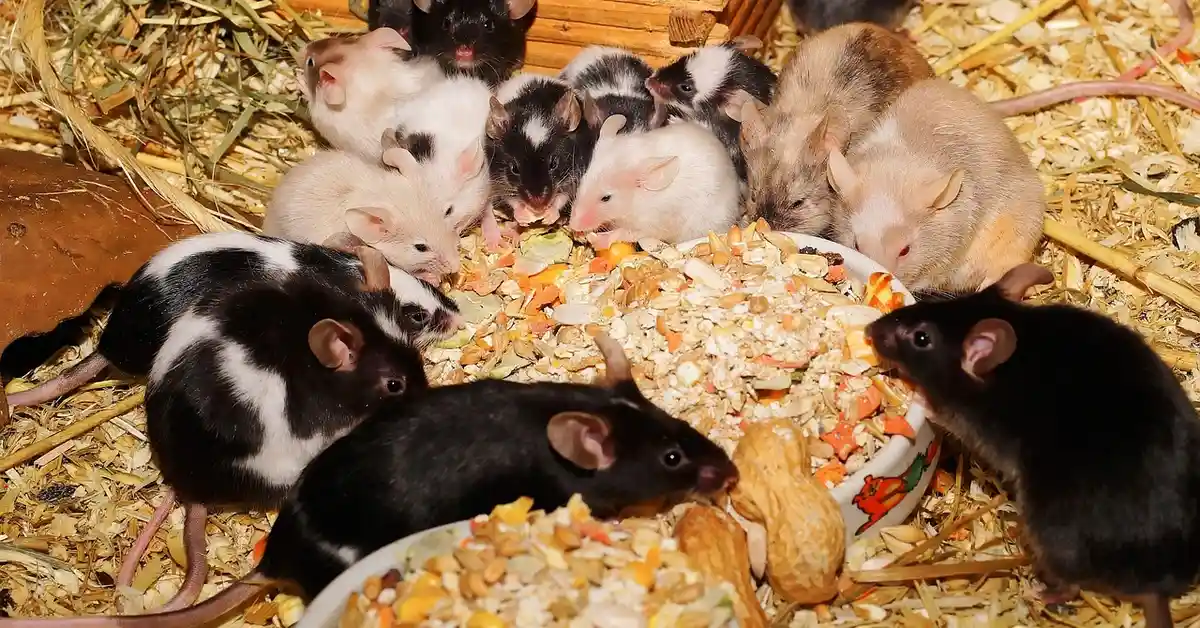 Several small mice of various colors are gathered around a shared food dish in a straw-filled enclosure, illustrating a social group of rodents.