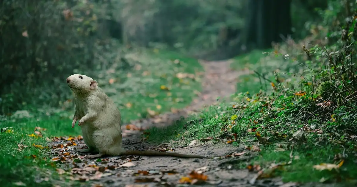 A light-colored mouse standing on its hind legs on a forest path, surrounded by green undergrowth and fallen leaves.