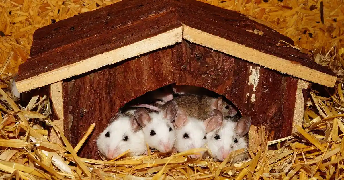 Several white mice huddled inside a small wooden house on straw bedding.