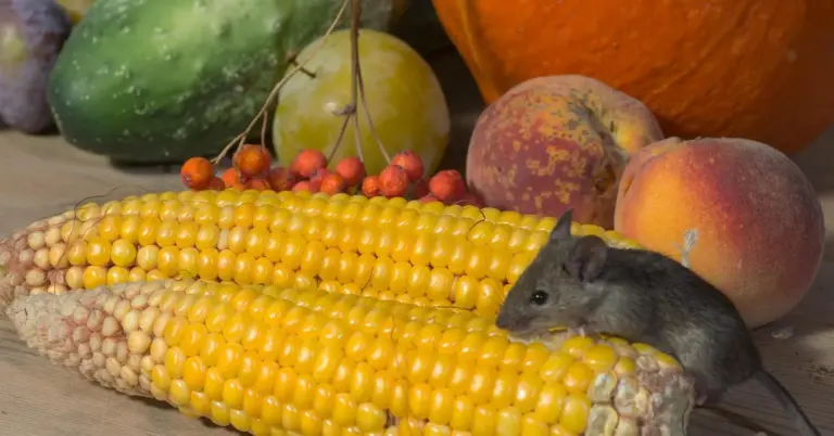 A mouse sitting on a corn cob surrounded by fruits and vegetables.
