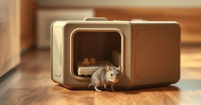 Close-up of a tamper-resistant mouse bait station on a wooden floor with the entry open and a small mouse at the doorway.