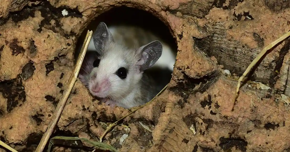 Close-up of a white mouse with dark ears peering out from a round hole in a muddy burrow.