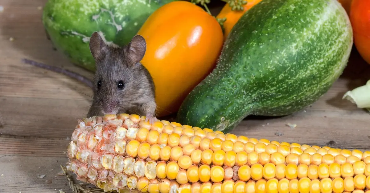 A small mouse peeks over an ear of corn on a wooden surface, with colorful vegetables in the background.