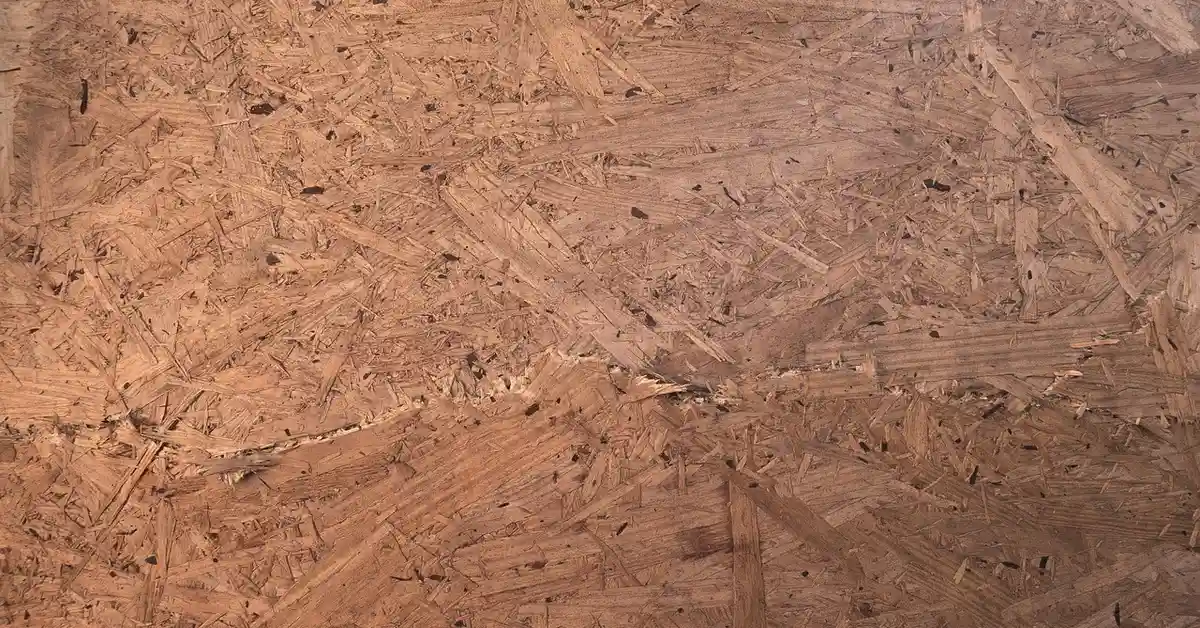 A surface of wood composite with noticeable chew marks, indicating rodent activity.