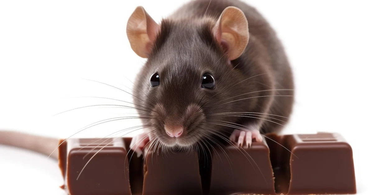 Close-up of a curious mouse with long whiskers nibbling on chocolate against a white background.