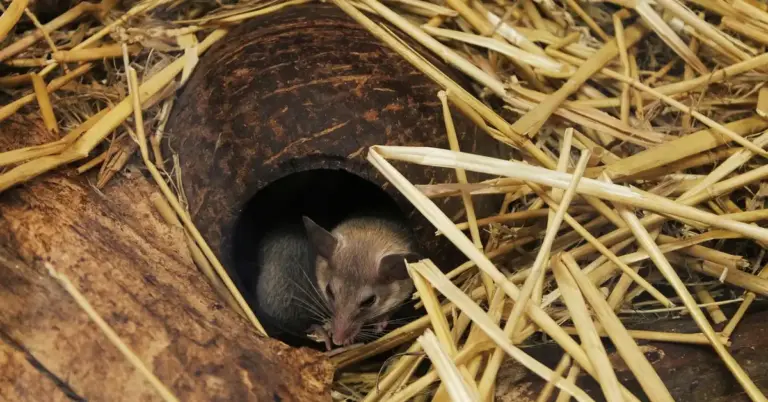 A small mouse peeks out from a dark burrow surrounded by straw.