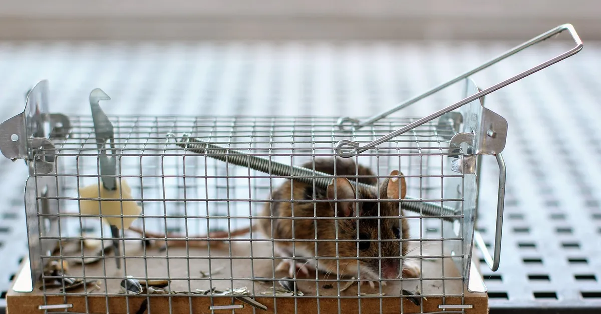 Brown mouse inside a metal wire trap resting on a perforated metal surface.