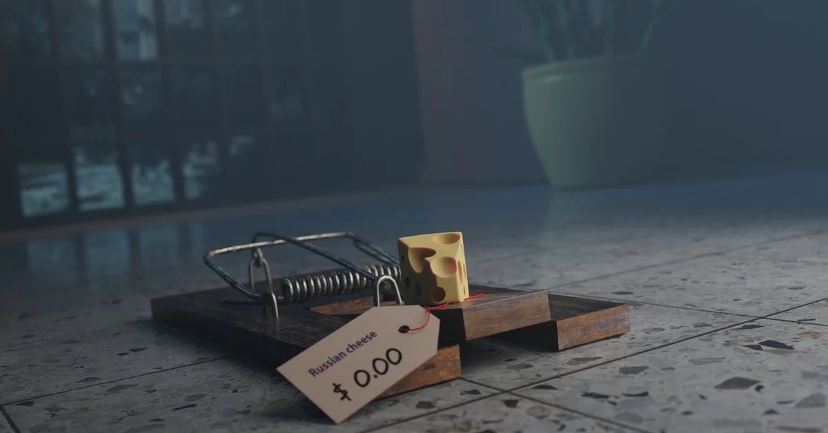A spring-loaded mousetrap on a wooden base sits on a tiled floor with a small yellow cheese piece and a price tag attached.