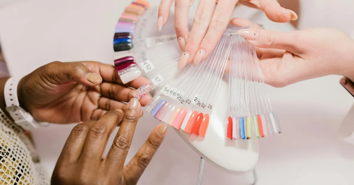 Various nail colors and types displayed on swatches, hands interacting with them.