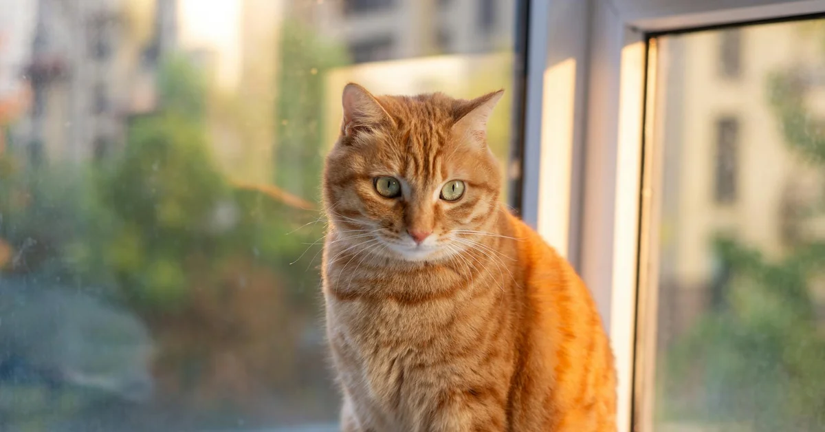 Close-up of an orange tabby cat sitting by a window and looking toward the camera.