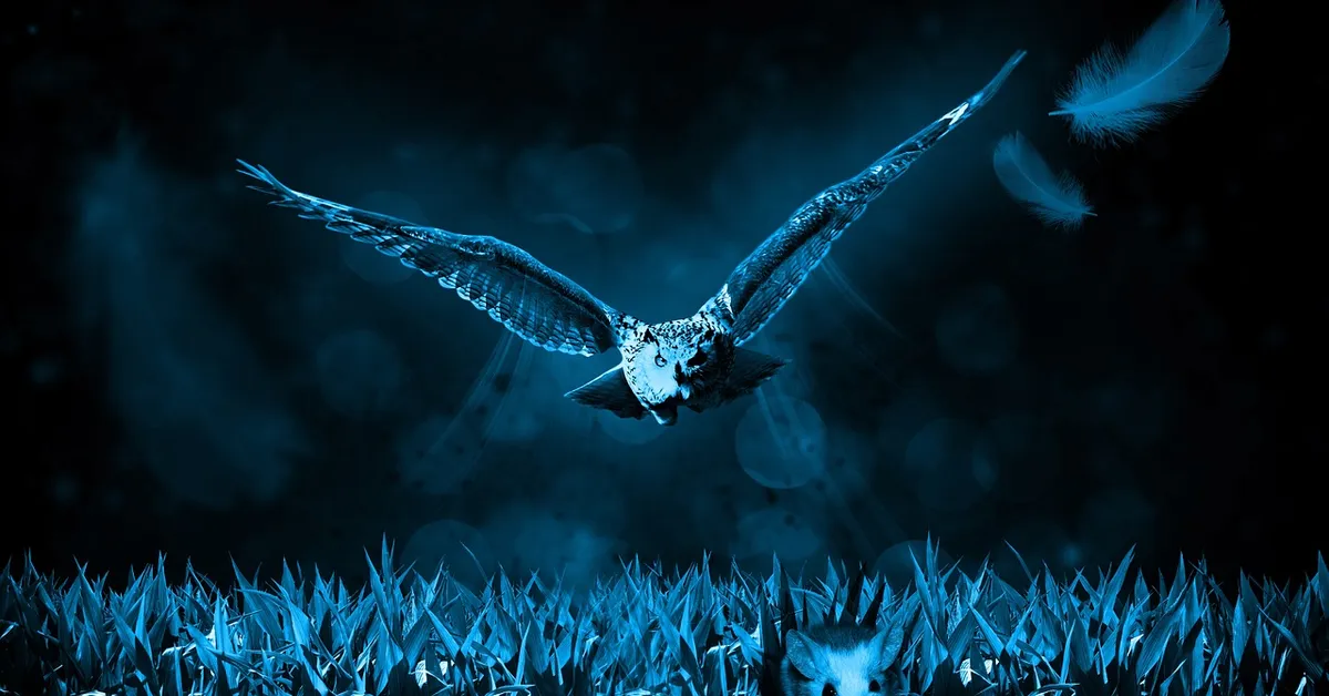 Blue-toned photo of an owl swooping over a field with a small mouse visible in the grass foreground, illustrating predator-prey dynamics relevant to pest control decisions.