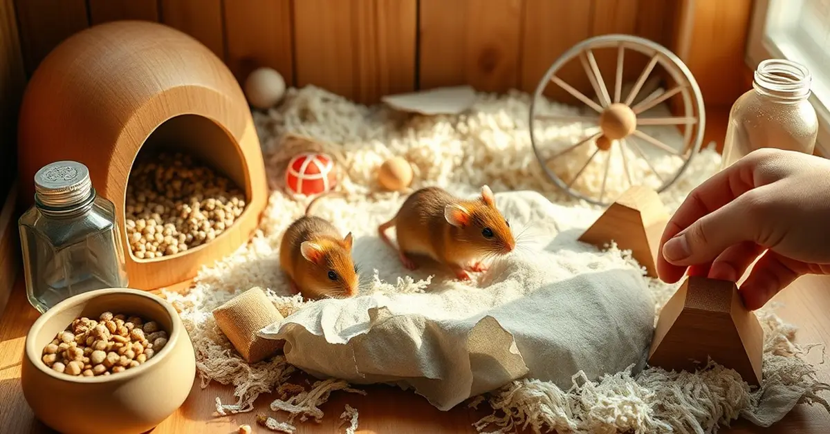 Two pet mice exploring their habitat with various toys and food.