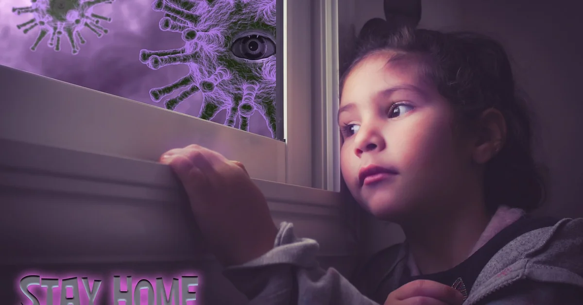 A young girl gazes out a window at purple virus-like images outside, with the words 'STAY HOME' visible in the lower left corner.
