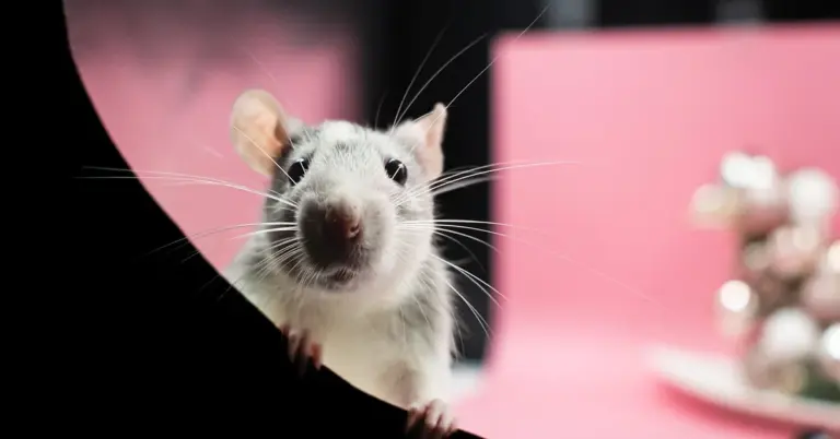 Close-up of a curious white rat peering over the edge of a barrier against a pink backdrop, illustrating rodents used in maze-learning research.