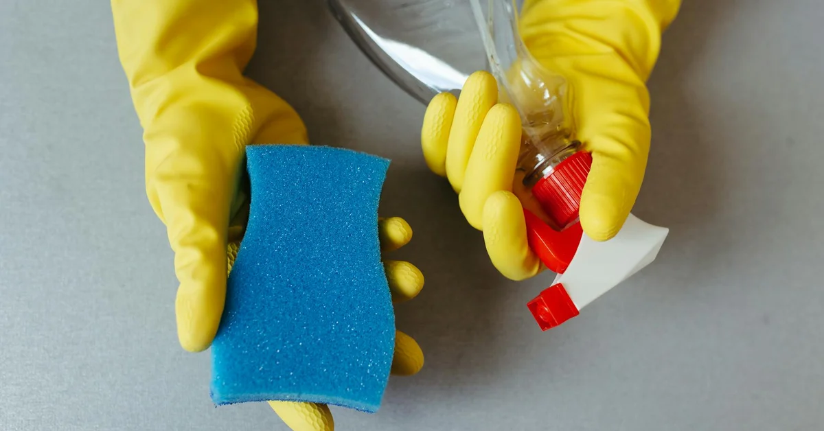 Yellow gloves holding a sponge and a spray bottle for cleaning