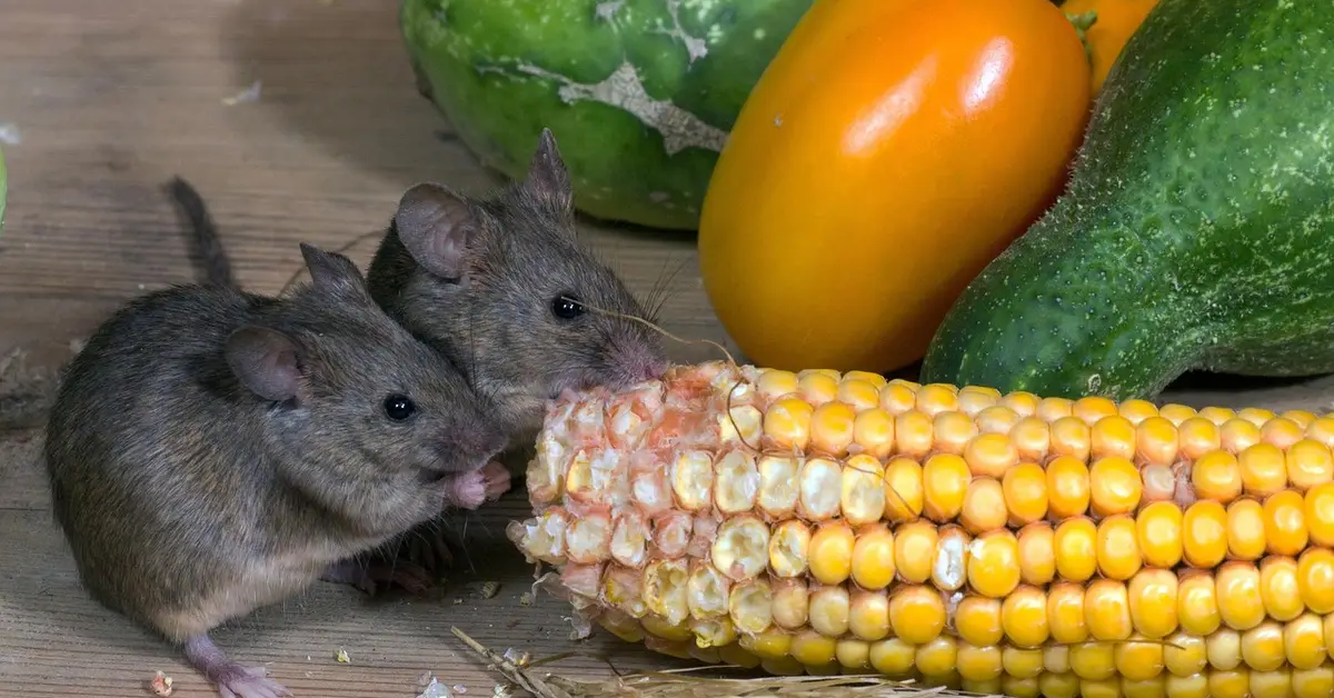 Two mice nibbling an ear of corn on a wooden surface, with colorful peppers in the background.