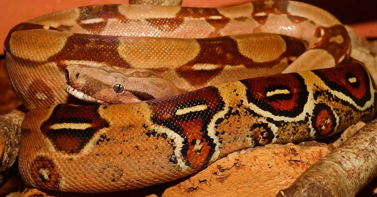 Close-up of a coiled ball python showing brown, tan, and cream scale patterns on rocky substrate.