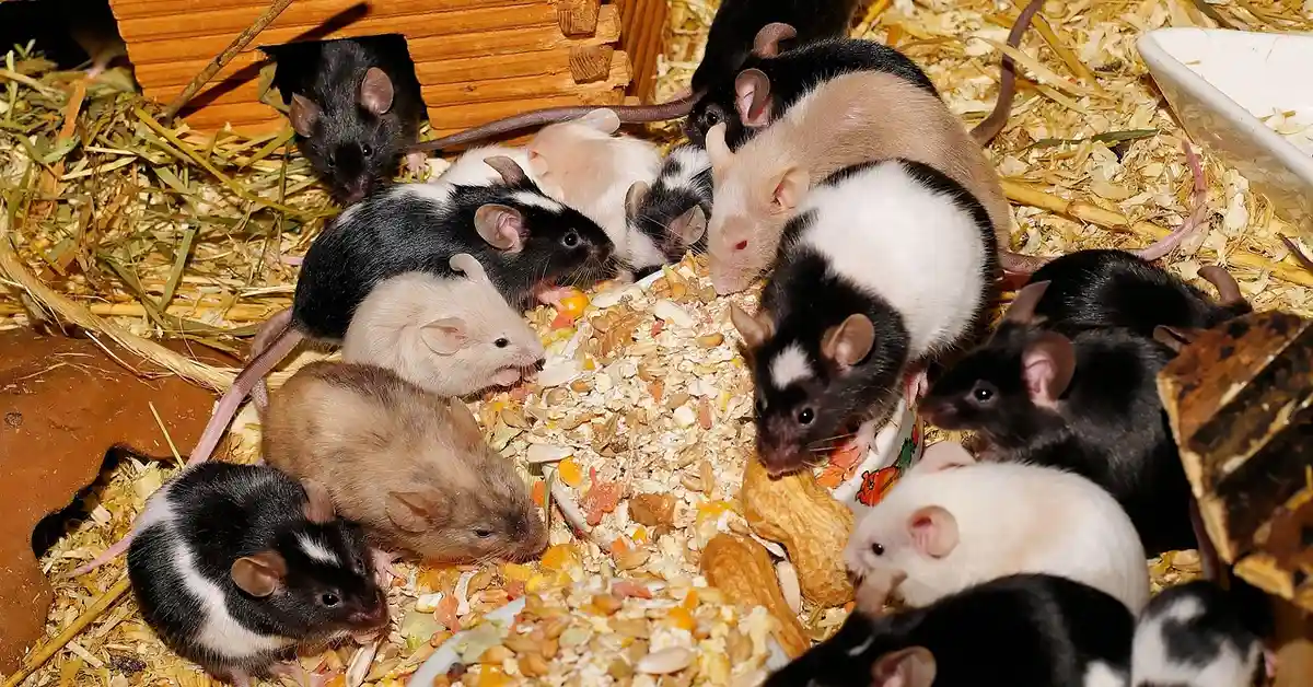 Group of solid colored mice interacting in a bedding area